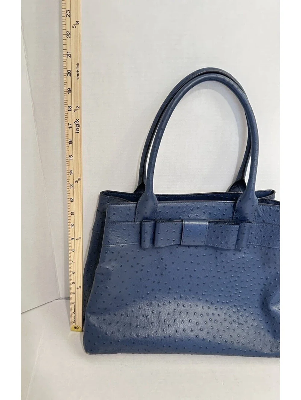 Kate Spade Diehl Blue Ostrich Embossed Leather Bow Tote Shoulder Bag